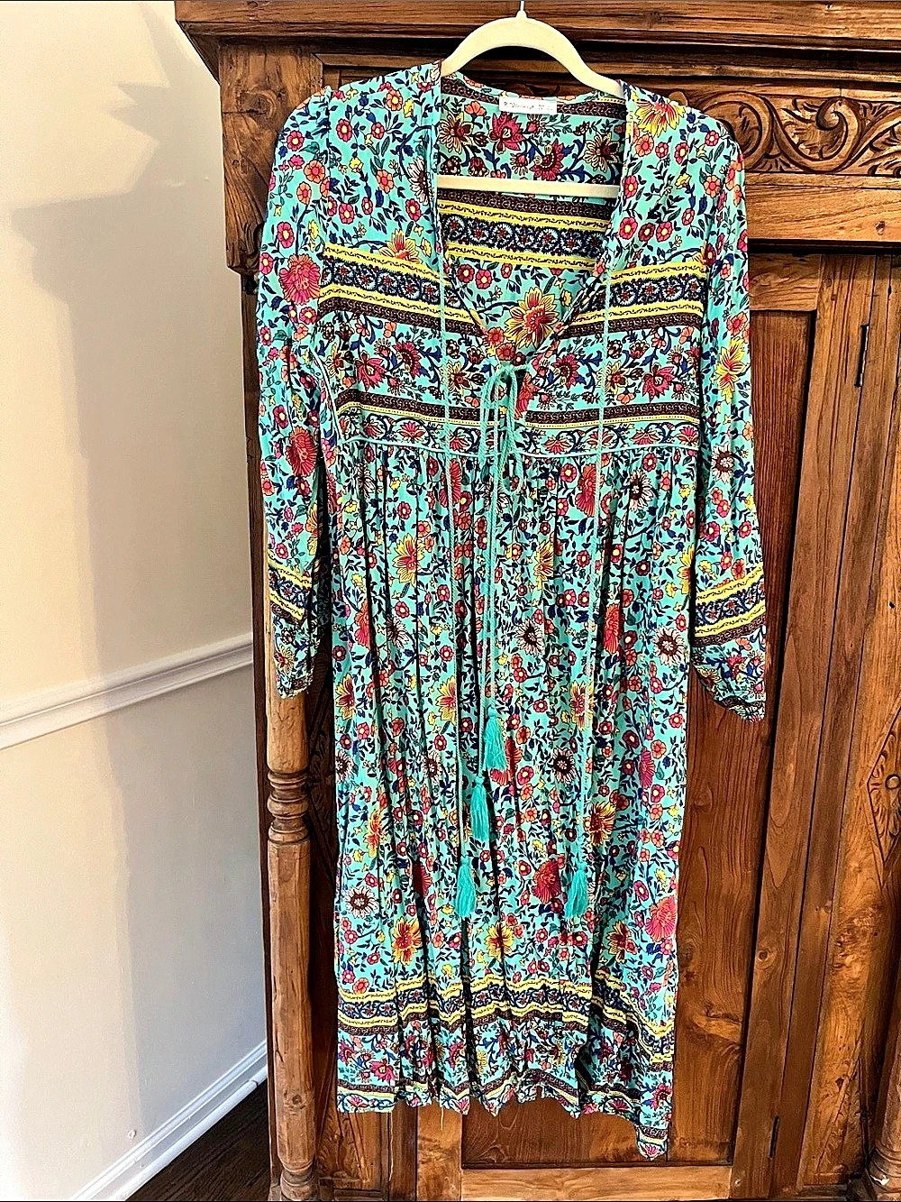 R. Vivimos Women's Long Sleeve Floral Print Midi Dress Blue & Red Large Like New